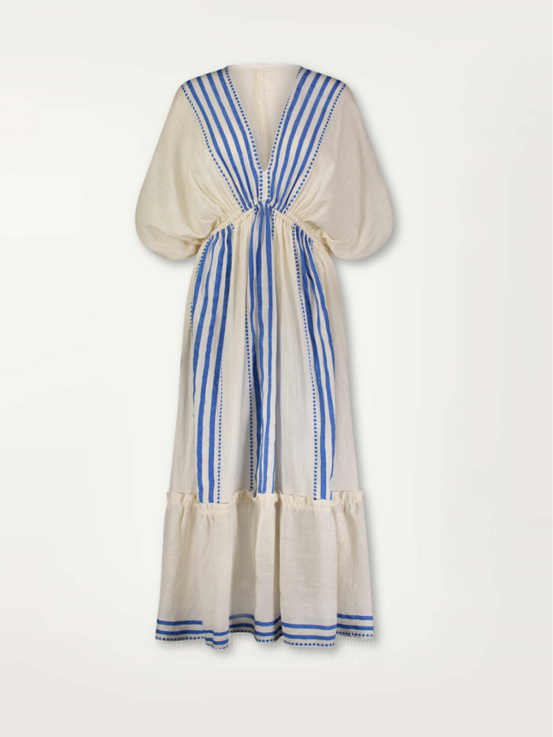 Product shot of the front of the Eshe Plunge Neck dress in white with blue stripes and dots