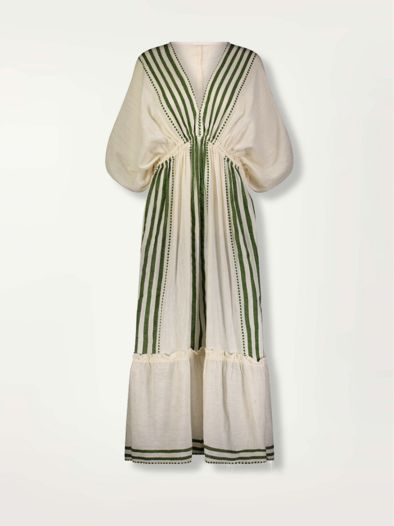 Product shot of the front of the Eshe Plunge Neck dress in white with green stripes and dots