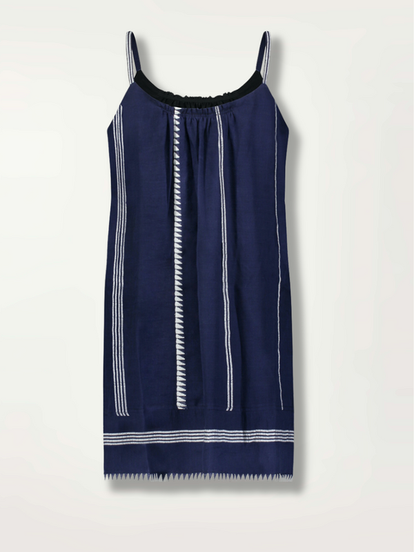 Product Back Shot of lemlem navy with white stripes and graphics swing dress