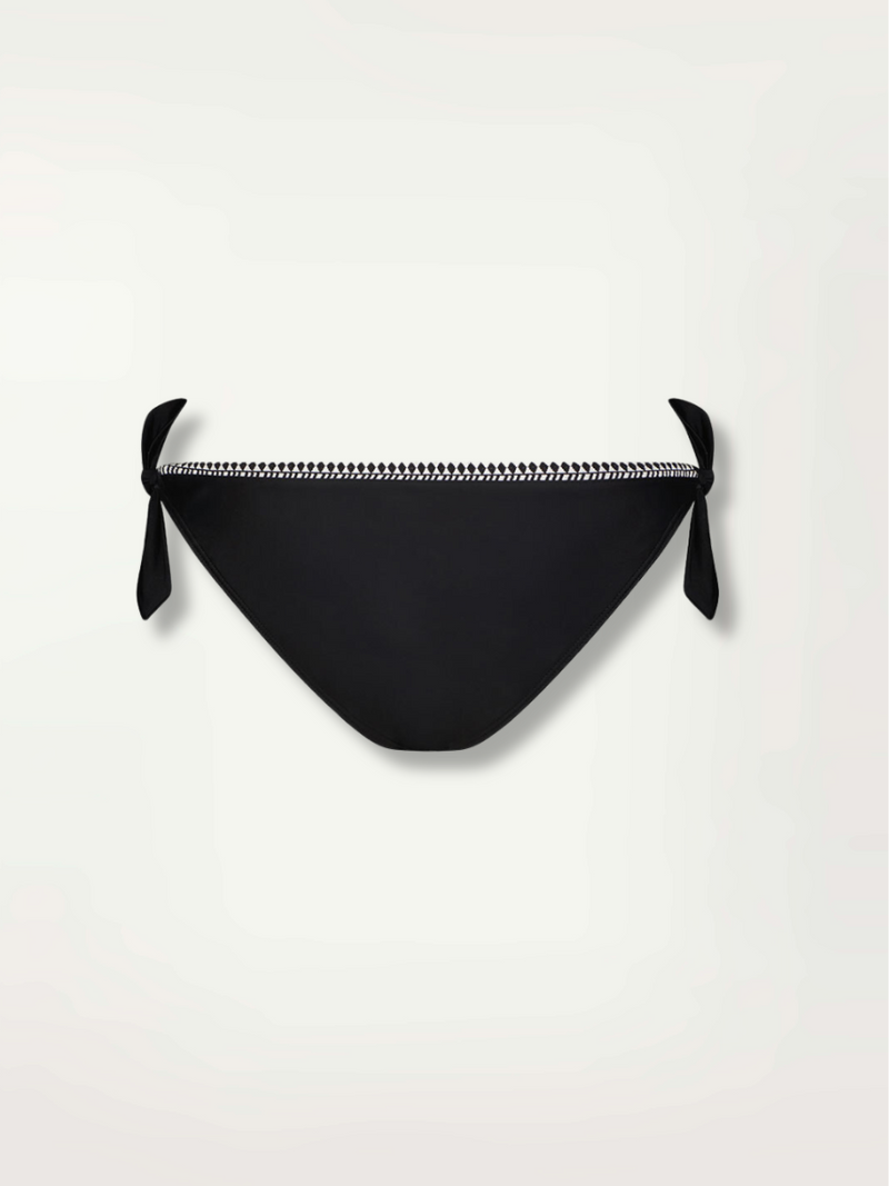 product shot of the back of the sofia side tie bikini bottom in black with graphic white diamond trim