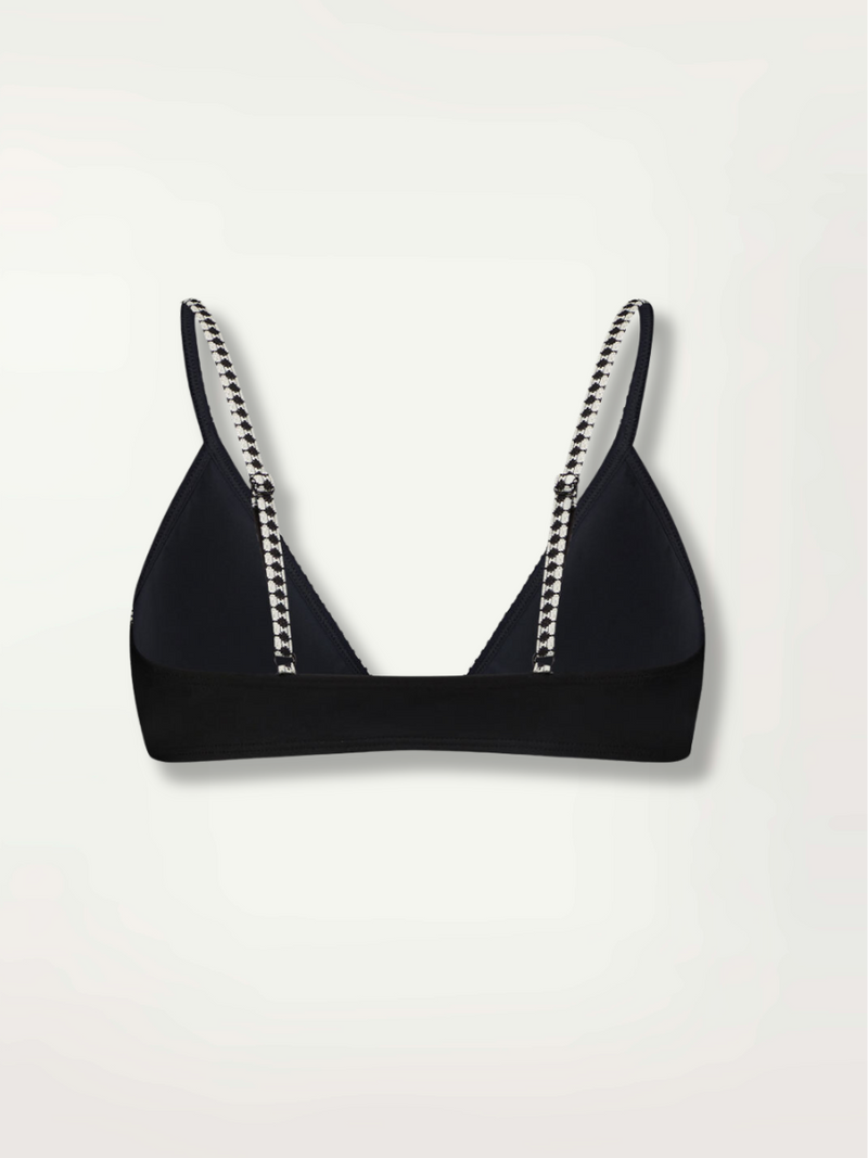 Product shot of the back of the Lena Tie front Bikini top in Black featuring a black and white tibeb trim and neck and back ties.