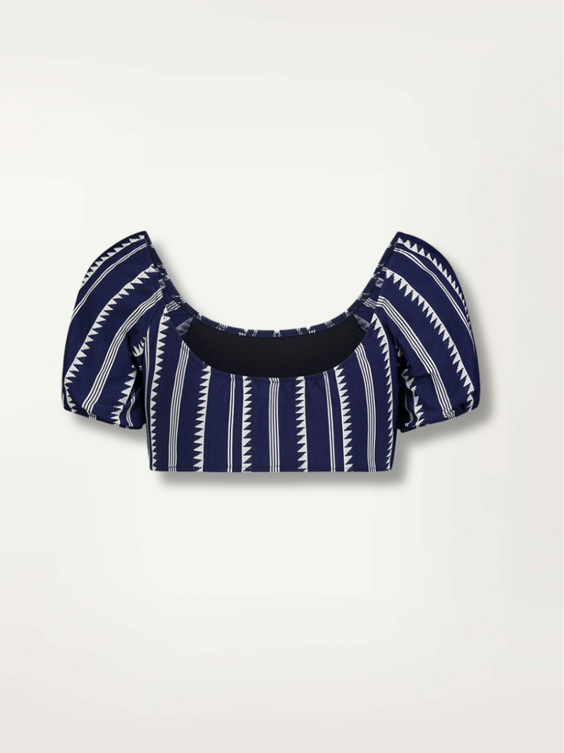 Product shot back view of a navy Nunu swim pouf top with white triangles and stripes