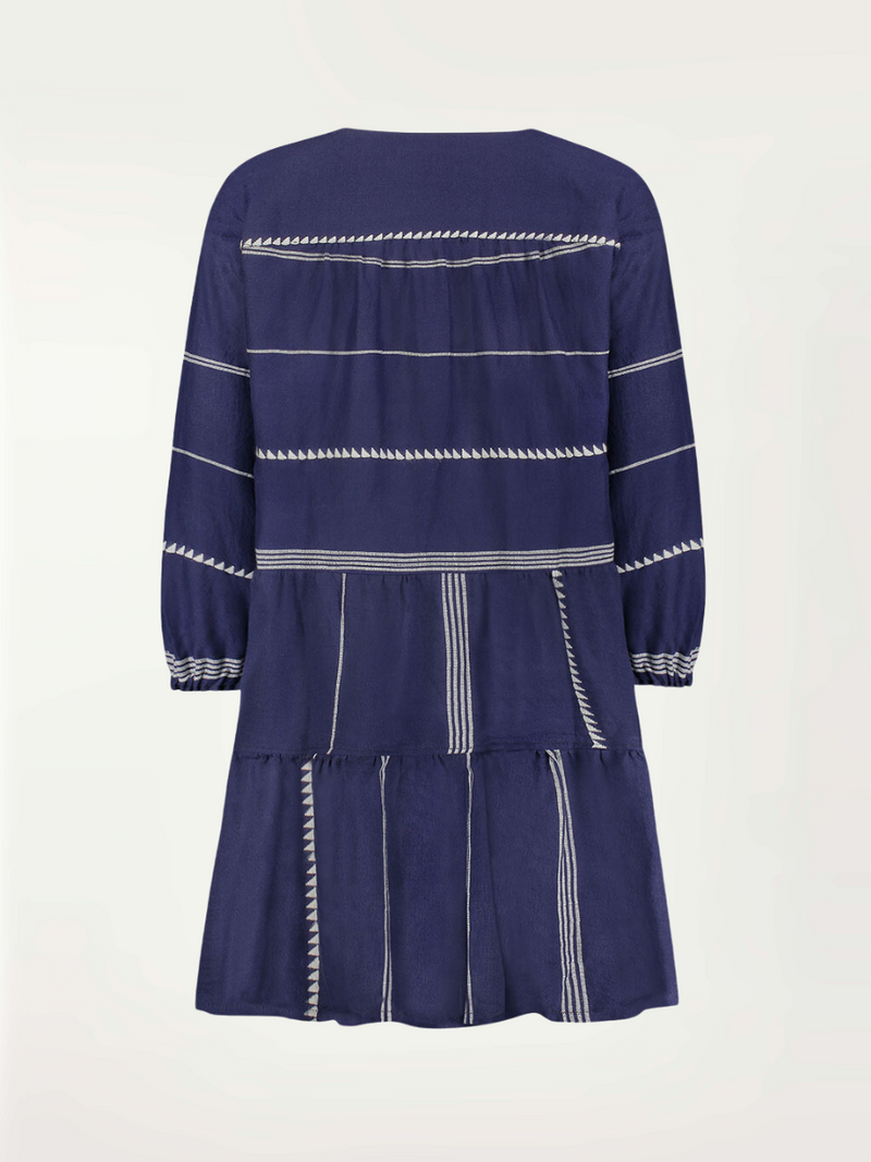 Product-shot back view of navy Nunu short popover dress with white triangles and stripes