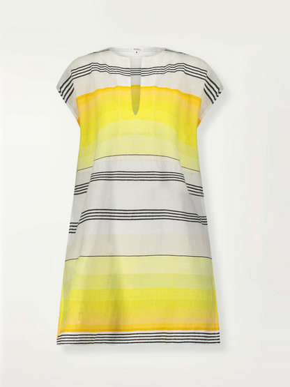 Product-shot of the front of the Zena Tunic Dress in yellow featuring black stripes and yellow degrade.