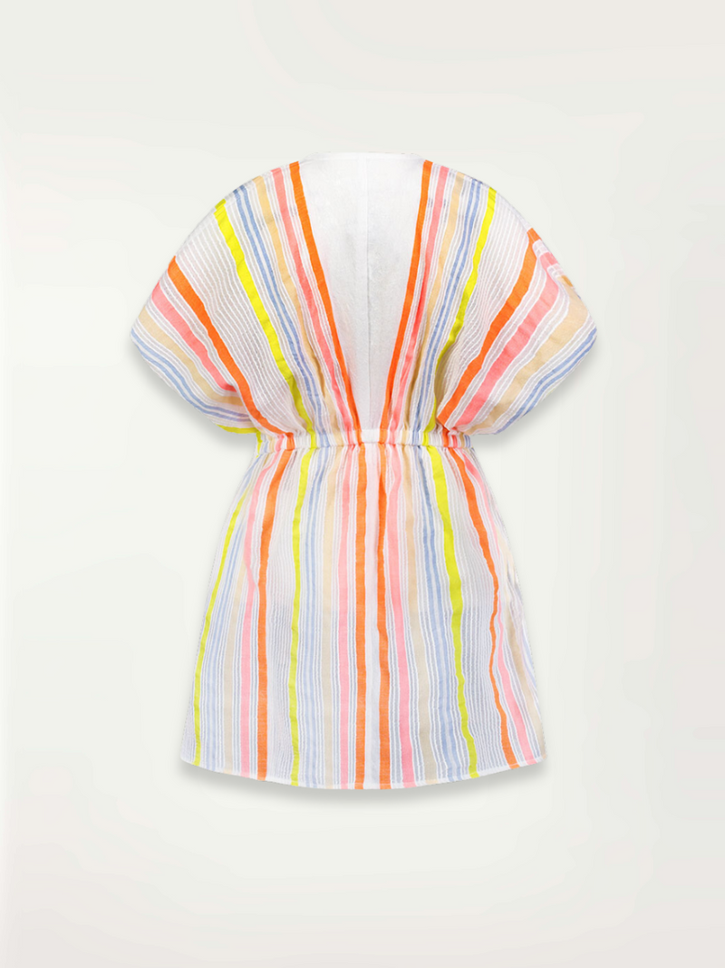 Product-shot of the back of the Tirunesh Short Plunge Neck Dress featuring pale pink, blue, yellow, orange and nude stripes
