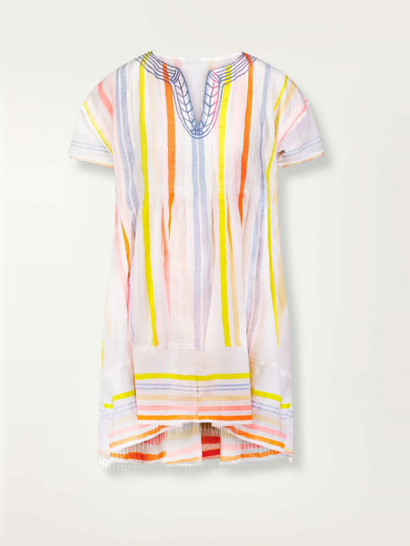 Product-shot of the front of the Tirunesh Smock Dress featuring pale pink, blue, yellow, orange and nude stripes.