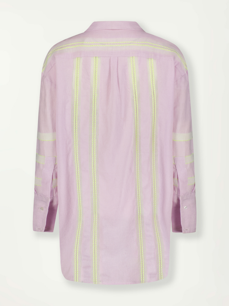 Product Back Shot of Mariam Shirt featuring lilac orchid color complemented by hints of citron neon.