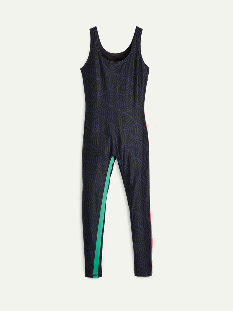 Product Shot of Puma x lemlem Training Bodysuit in Navy Color Featuring Scallop Print and color pop accents