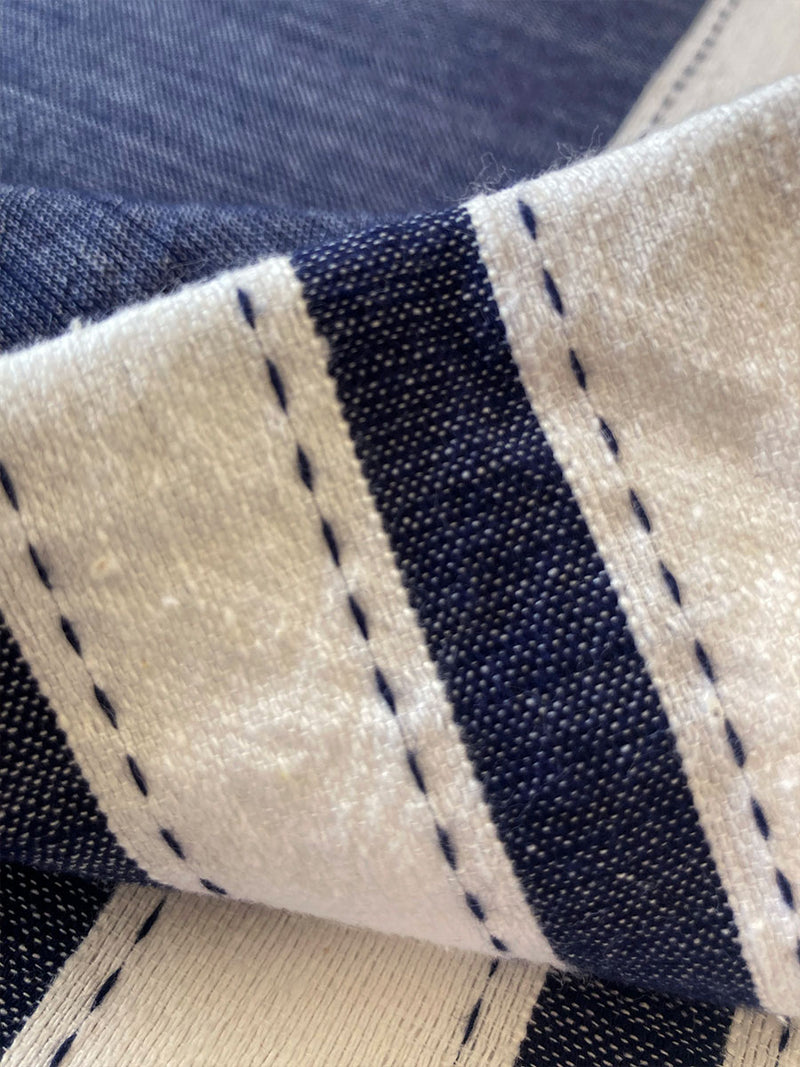 Close up on Debre Navy fabric featuring Bold Stripe Pattern with pick stitch edge in Classic Navy and White colors.