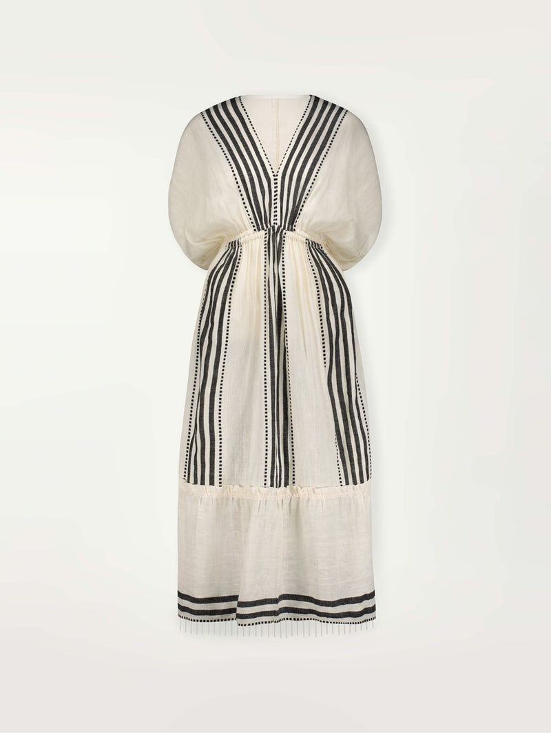 Product shot of a plunge neck dress in white with black stripes and dots.
