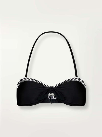 Product shot of the Sofia Bandeau bikini top in black with graphic diamond trim