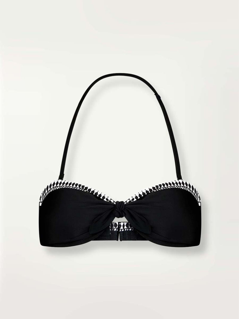 Product shot of the front of the Lena Bandeau Top in Black featuring black and white tibeb trim.