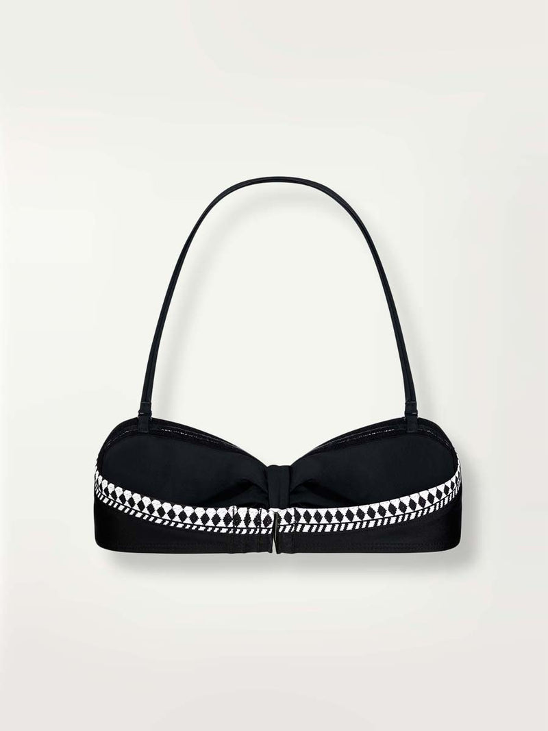 Product shot of the back of the Lena Bandeau Top in Black featuring black and white tibeb trim.