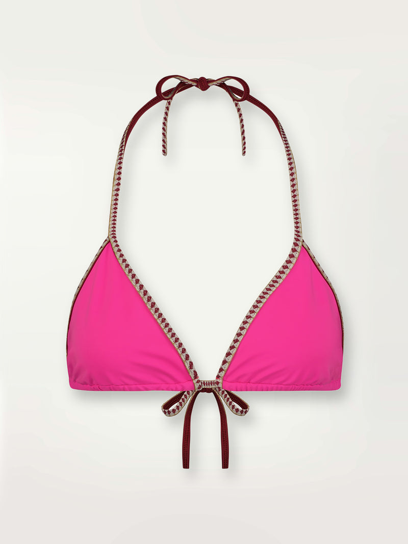 Product shot of the Lena Triangle String Top in bright neon pink with a bordeaux diamond trim.