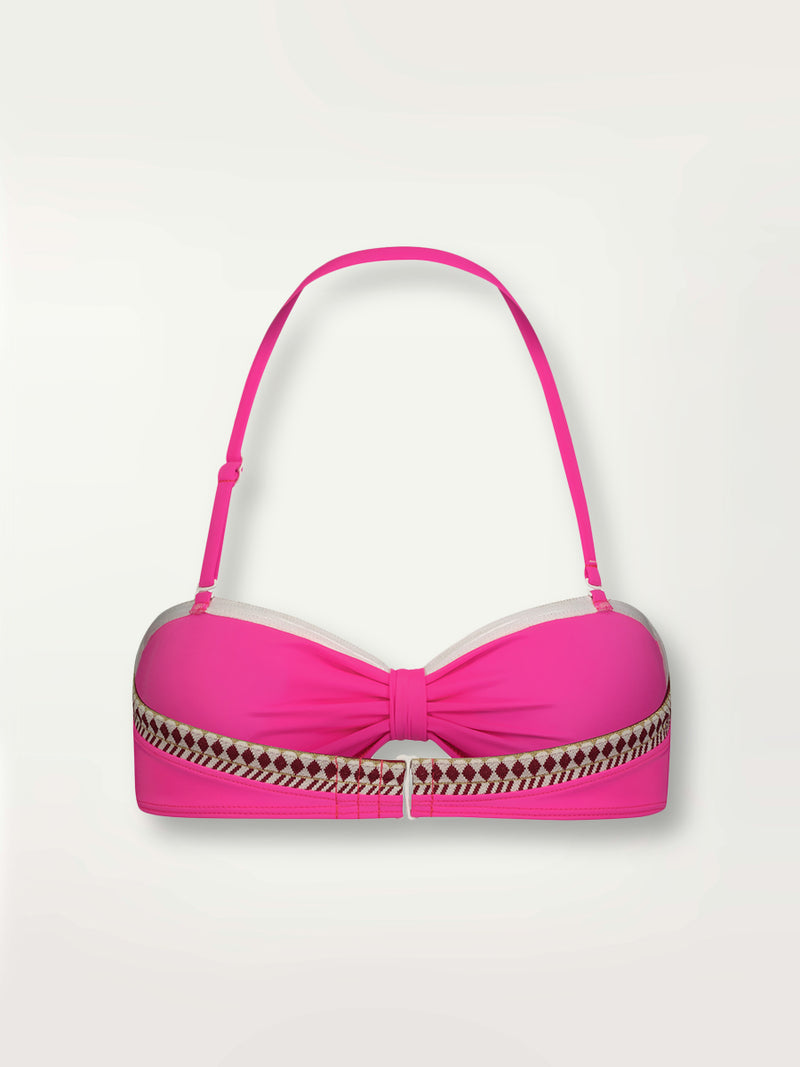 Product shot of the back the Lena Bandeau Top in bright neon pink with a bordeaux diamond trim.