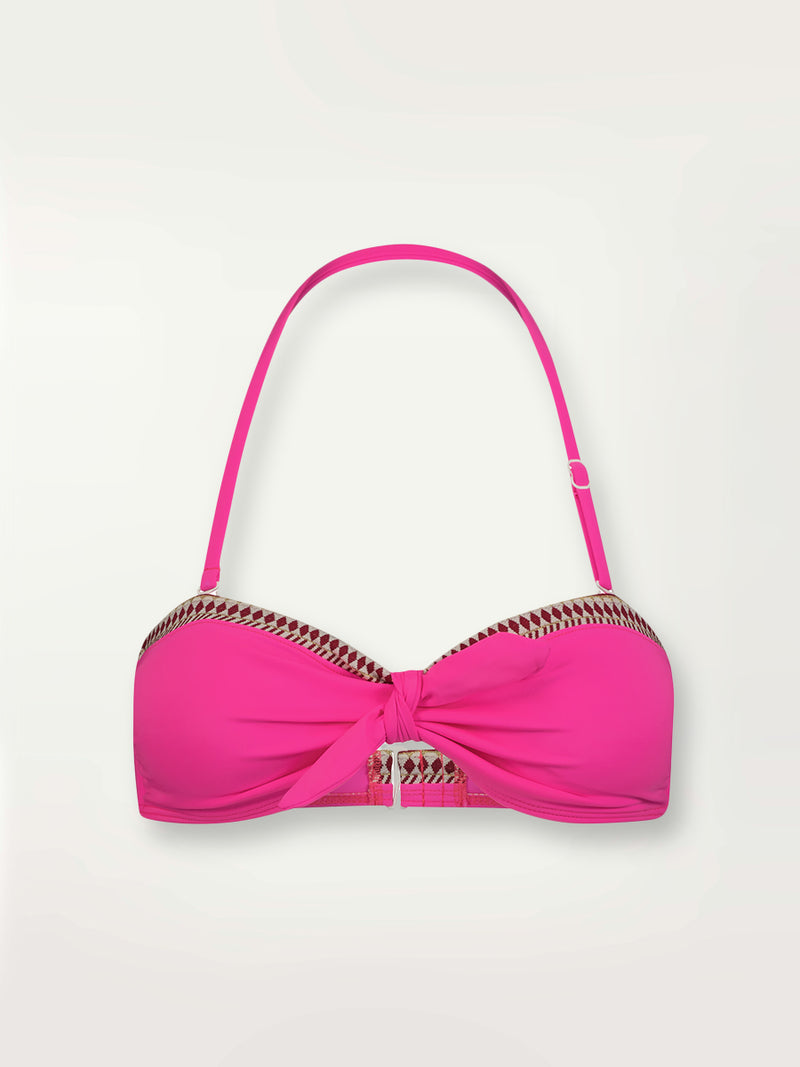 Product shot of the Lena Bandeau Top in bright neon pink with a bordeaux diamond trim.