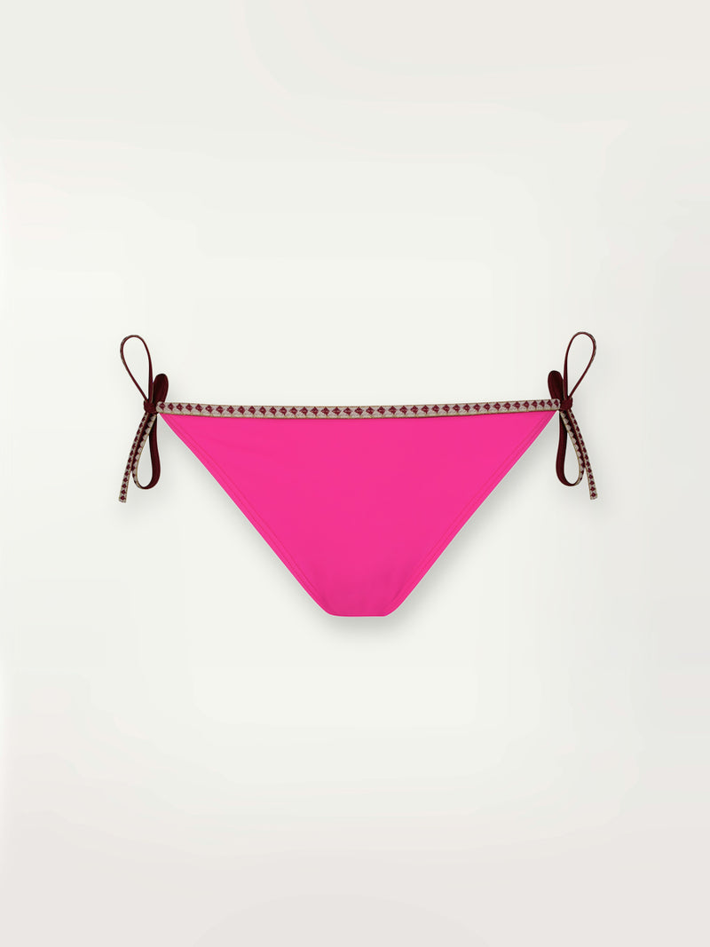 Product shot of the back the Lena String Bikini Bottom in bright neon pink with a bordeaux diamond trim.