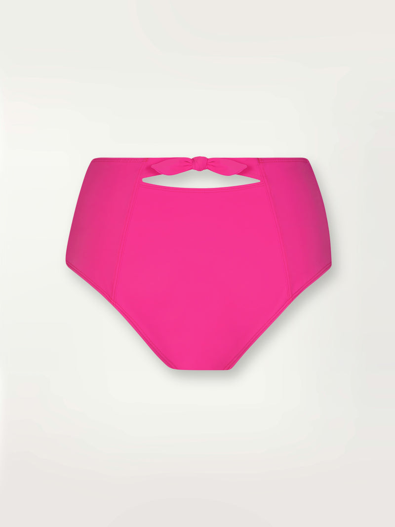 Product shot of the back the Lena High Waisted Bikini Bottom in bright neon pink with a bordeaux diamond trim.