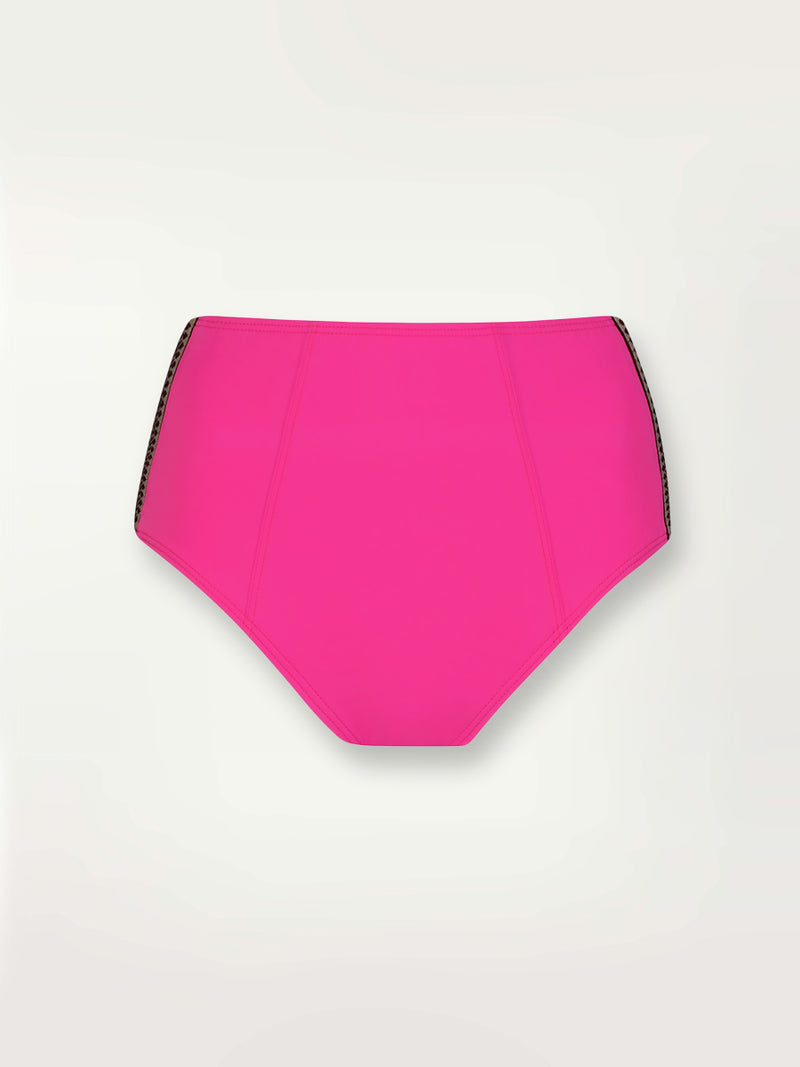 Product shot of the Lena High Waisted Bikini Bottom in bright neon pink with a bordeaux diamond trim.