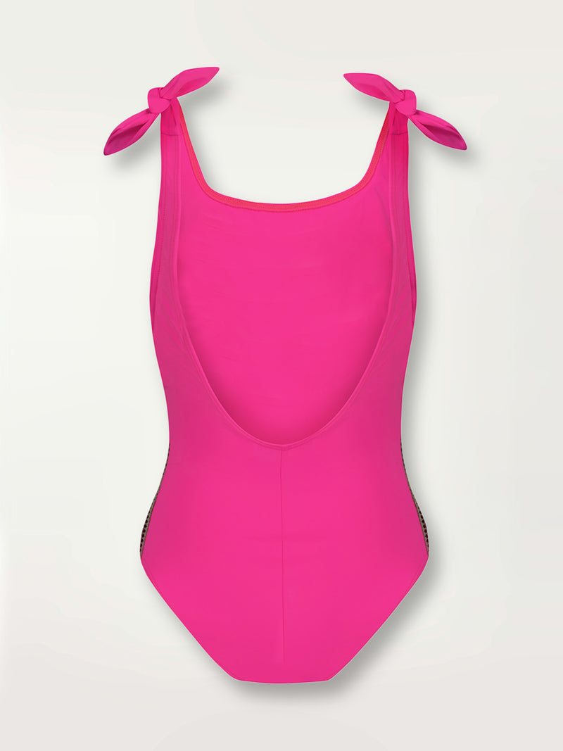 Product shot of the back the Lena Nageur One Piece in bright neon pink with a bordeaux diamond trim.