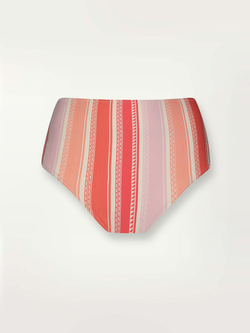 Product shot of the Eshal High Waist Bikini Bottom featuring white doted stripes with gradiant orange and tangerine bands on a lilac and white background.