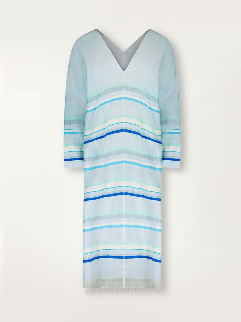 Product shot of the Ruki Long Sleeve Split Caftan featuring a mutli tonal stripe pattern in five shades of blue with silver and white accents.