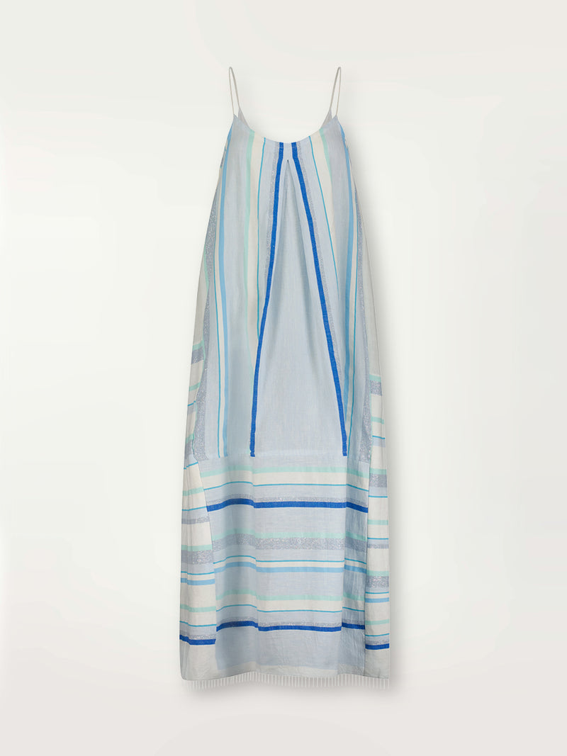 Product shot of the Ruki Slip Dress featuring a mutli tonal stripe pattern in five shades of blue with silver and white accents.