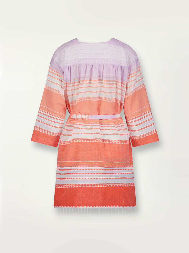 Product shot of the back the Eshal Short Robe featuring white doted stripes with gradiant orange and tangerine bands on a lilac and white background.