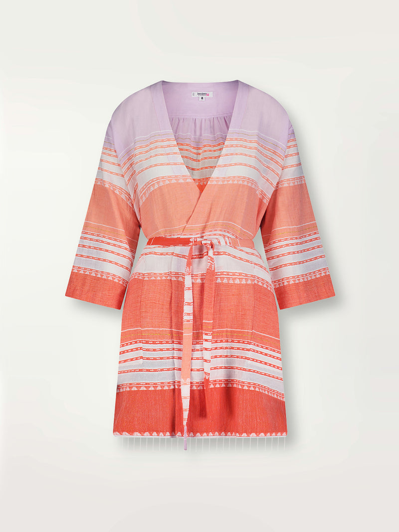Product shot of the Eshal Short Robe featuring white doted stripes with gradiant orange and tangerine bands on a lilac and white background.