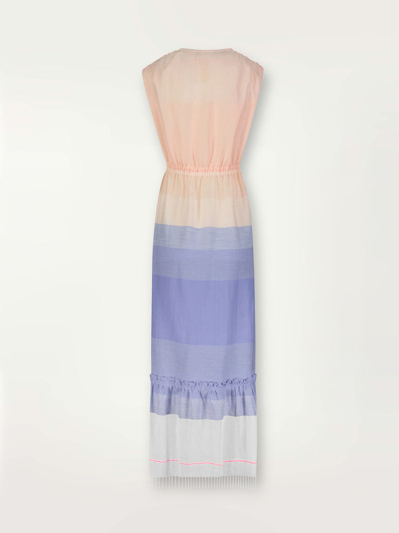 Product shot of the back the Jelba Sleeveless Plunge Neck Dress featuring gradient color block design of nine shades of soft pink and blues highlighted by a bright pink mini stripe at the edge of the dress.