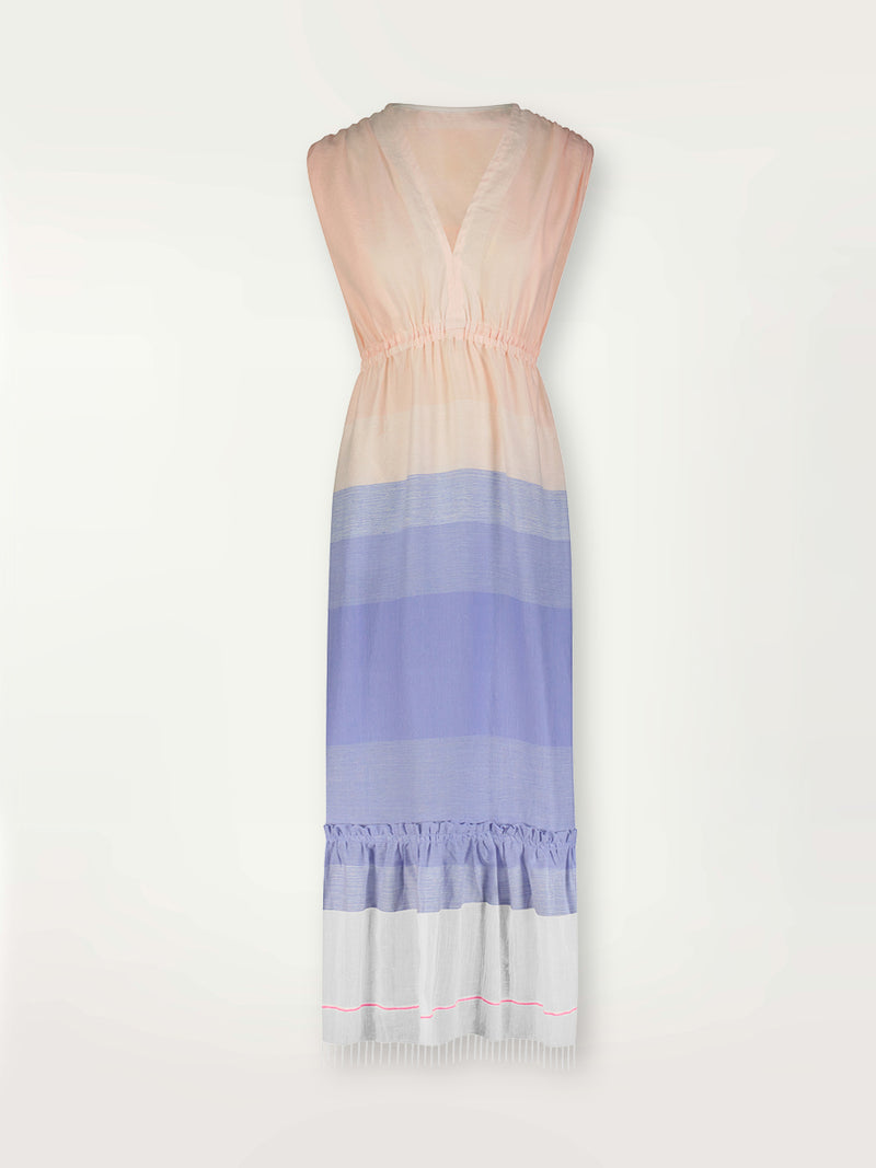 Product shot of the Jelba Sleeveless Plunge Neck Dress featuring gradient color block design of nine shades of soft pink and blues highlighted by a bright pink mini stripe at the edge of the dress.