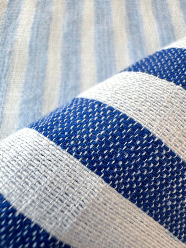 Close-up of blue and white striped fabric