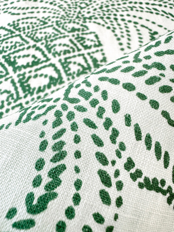 Close-up of green patterned fabric on a white background
