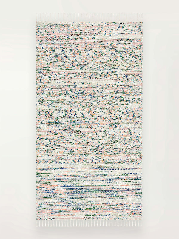 Product shot of lemlem upcycled handwoven MESFIN Rug with multicolored patterns