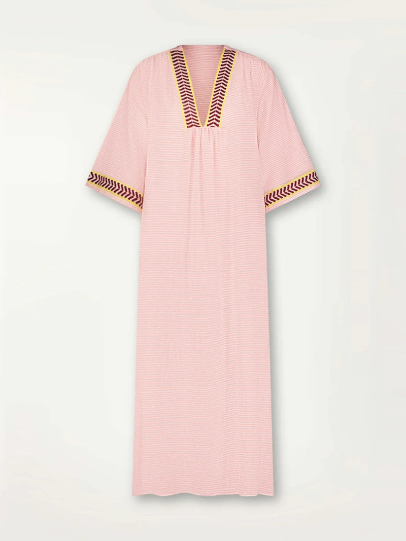 Product Front Image of Edna V Neck Dress featuring delicate pink stripes with a bold chevron patterned ribbon, along with muted hues of pink, burgundy, and a bright citrus-orange hue.