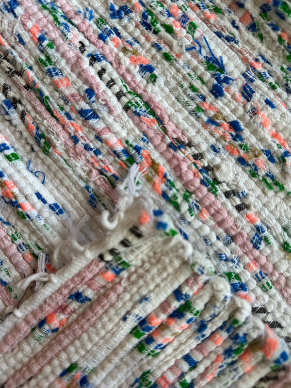Product shot of lemlem upcycled handwoven MESFIN Rug with multicolored patterns