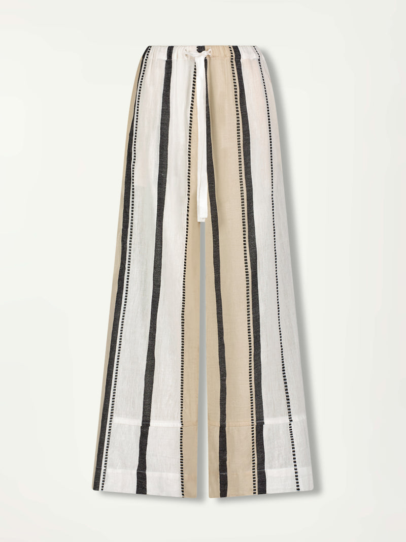 Product front shot of lemlem handwoven DESTA Pants  featuring  refined palette of crisp white, soft cream, and deep black