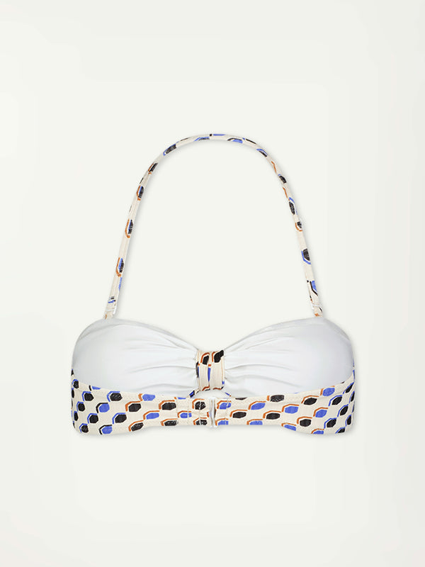 Product Back Shot of lemlem Ava Bandeau Top featuring diamond pattern in natural terracotta and rich blue hues against a cream background