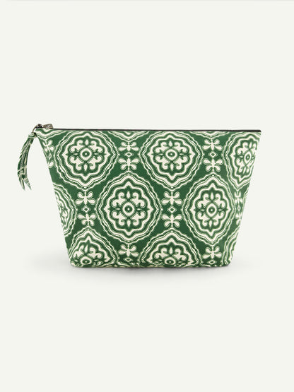 Product picture of a green travel pouch featuring all over medallion pattern and a black zip closure at the top.