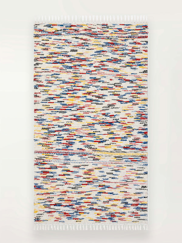 Product shot of lemlem upcycled handwoven MESFIN Rug with multicolored patterns
