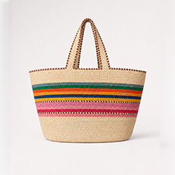 product studio shot of lemlem MIRA Tote Raffia Bag featuring multi striped pattern