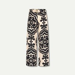 Trousers with a black and white pattern on a light gray background