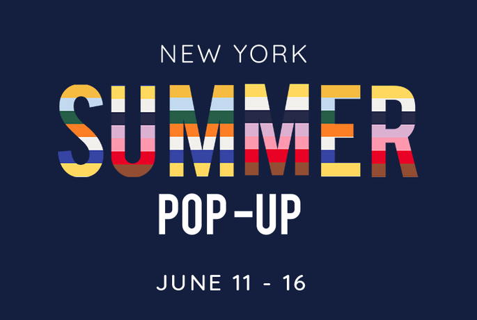 Promotional graphic for New York Summer Pop-Up event with colorful text on a dark blue background.