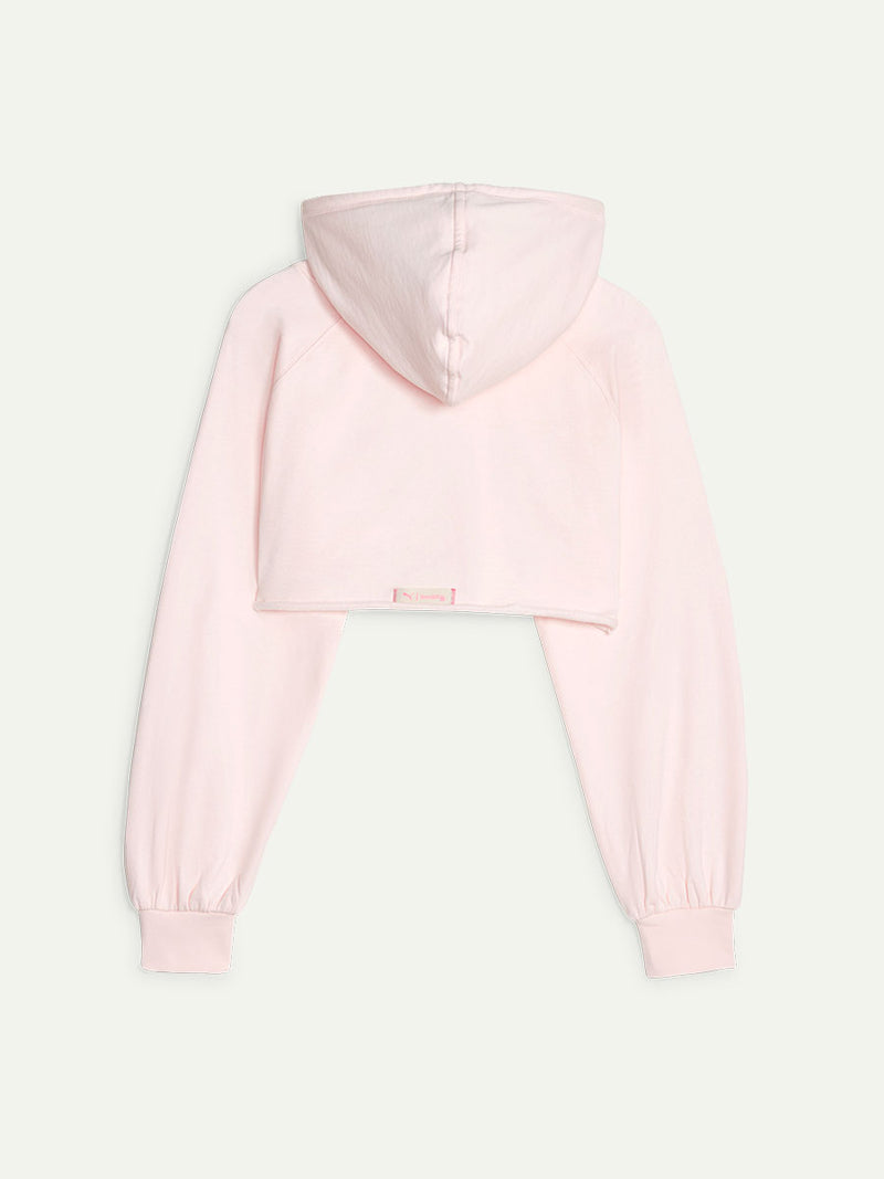 Back Product Shot of Puma x lemlem Cropped Hoodie in a Frost Pink Color featuring Hand Sketch Puma Logo and color pop accents