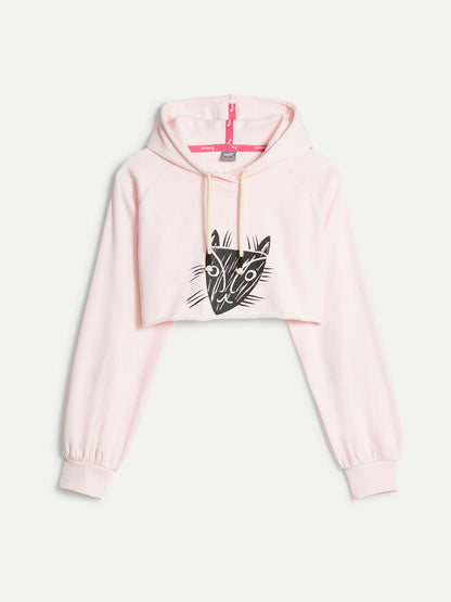 Product Shot of Puma x lemlem Cropped Hoodie in a Frost Pink Color featuring Hand Sketch Puma Logo and color pop accents