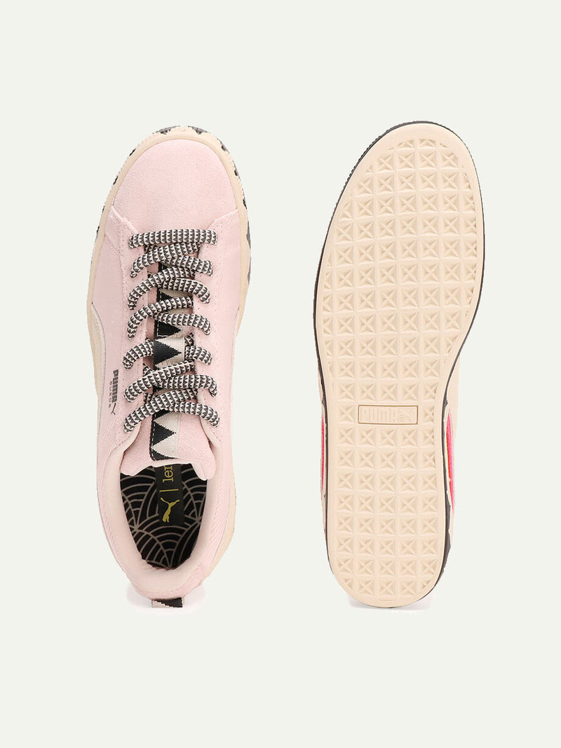 Product Shot of Puma x lemlem Sneakers in Frosty Pink Color Featuring signature lemlem Tibeb print and color block accents