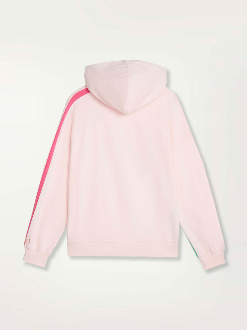 Product Back Shot of a Puma x lemlem oversized hoodie in Frosty Pink  Color featuring hand sketched cat logo and color block stripes in bright pink and yellow colors. 