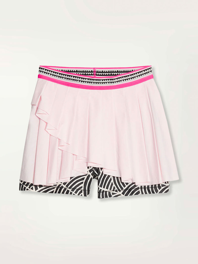 Product Front Shot of Puma x lemlem Skort in Frosty Pink Color featuring Scallop Print in ghost pepper and black colors