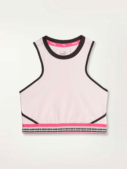 Product Front Shot of Puma x lemlem Crop Tank in Frosty Pink color featuring black and pink color pop accents and elastic band featuring classic lemlem triangle pattern
