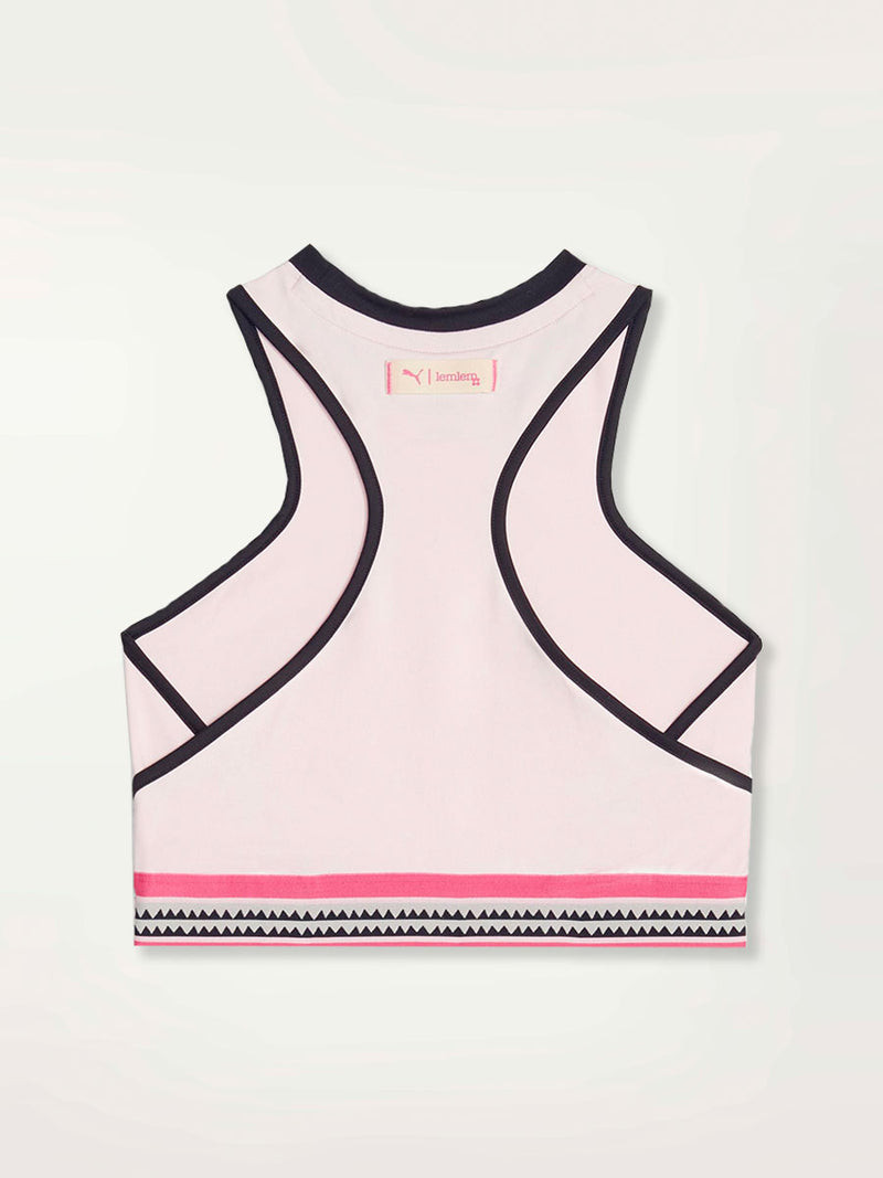 Product Back Shot of Puma x lemlem Crop Tank in Frosty Pink color featuring black and pink color pop accents and elastic band featuring classic lemlem triangle pattern